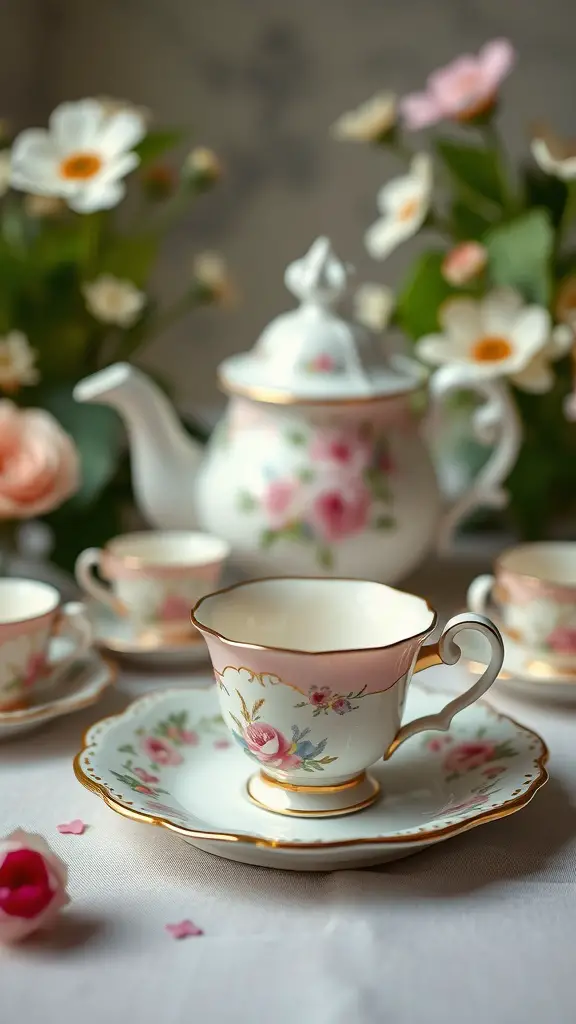 29 Adorable Baby Shower Centerpiece Ideas You’ll Love 5 A delicate tea set with floral designs, including a teapot and baby teacups, surrounded by flowers.
