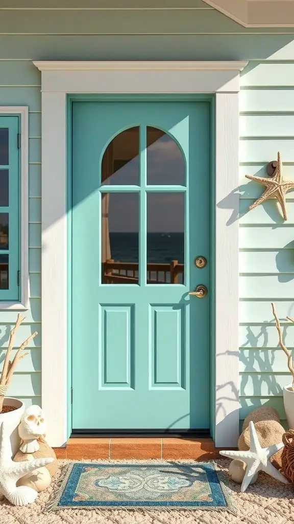 17 Stunning Green Front Door Ideas to Elevate Your Curb Appeal 7 Teal green front door with arched windows, surrounded by coastal decor