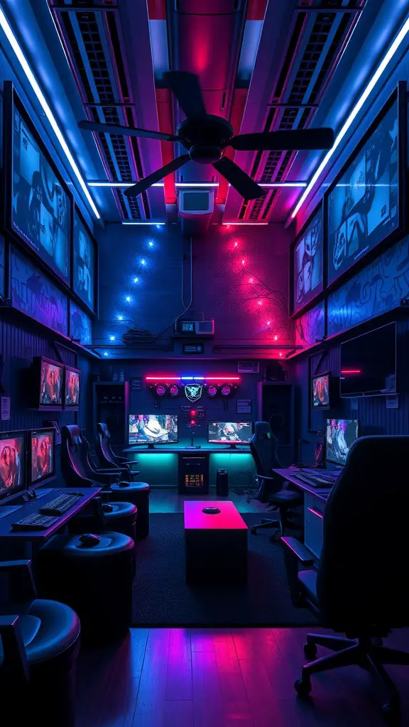 13 Creative Fort Ideas for Endless Indoor Fun 8 A tech-savvy gaming fort with multiple monitors, gaming chairs, and vibrant neon lights.
