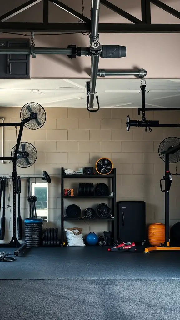 21 Inspiring Garage Gym Ideas for Your Home Workout Space 13 A garage gym with fans and various gym equipment, showcasing temperature control solutions.
