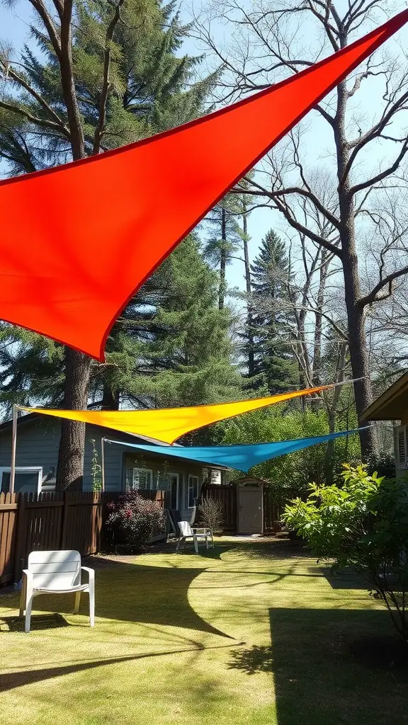 Colorful tensioned shade sails in a backyard providing shade.