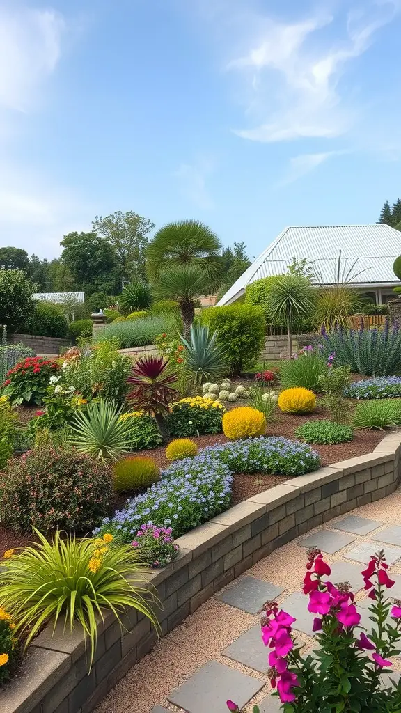 21 Creative Sloped Backyard Landscaping Ideas You’ll Love 10 A vibrant terraced garden with a variety of plants and flowers on a sloped yard.