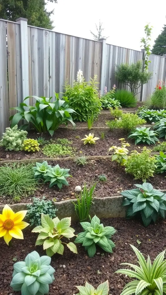 17 Creative Landscaping Ideas for Your Fence Area 16 Terraced planting along a wooden fence with various plants and flowers.