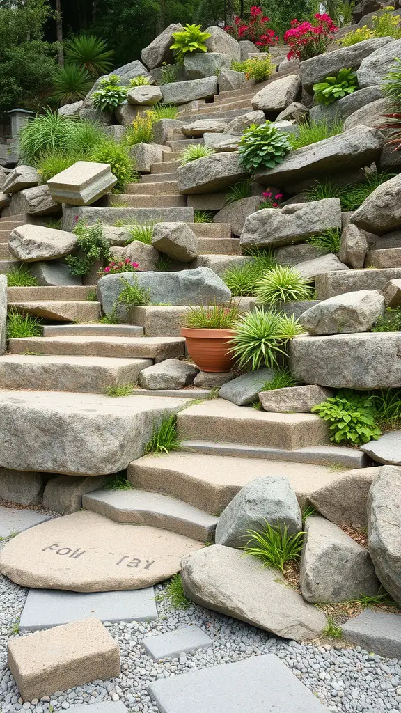 19 Stunning Rock Garden Landscaping Ideas to Transform Your Outdoor Space 8 A terraced rock garden featuring large stones, steps, and various plants.