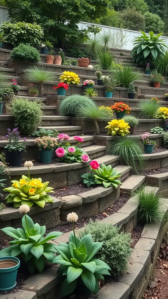 25 Creative Yard Drainage Ideas to Transform Your Outdoor Space 16 A terraced garden with colorful flowers and plants on stone steps.