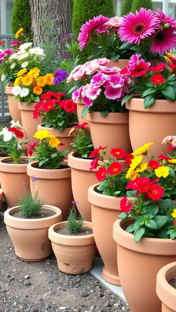 Colorful flowers in terracotta stackable planters arranged in a cheerful display.