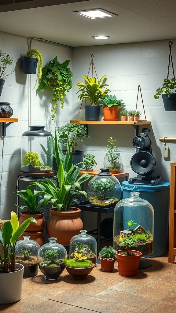 A cozy basement plant room featuring terrariums and potted plants, with soft lighting highlighting the greenery.