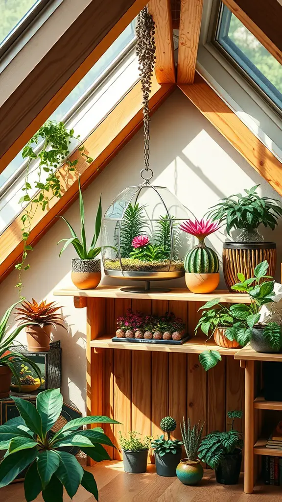 A terrarium display shelf with various plants in an attic setting, featuring a central glass terrarium and plenty of sunlight.
