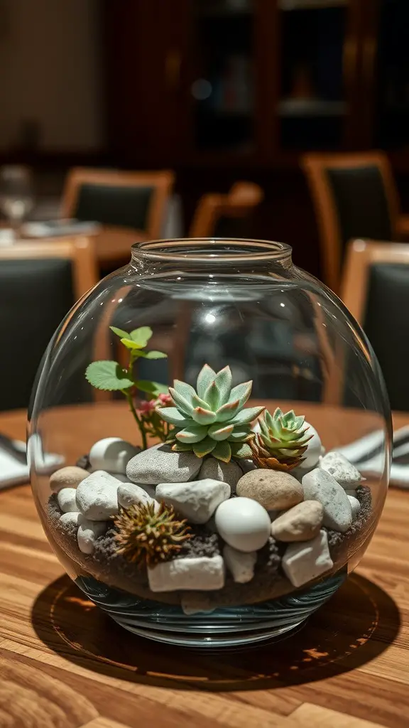 A glass terrarium with succulents and pebbles placed on a wooden table.