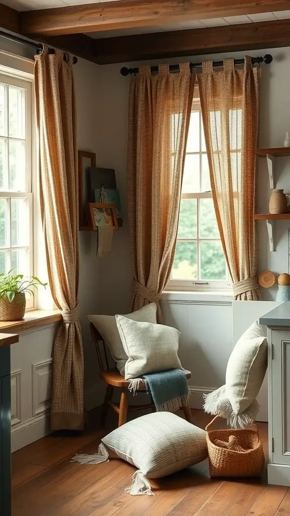 A cozy farmhouse kitchen featuring textured fabric curtains and decorative pillows in warm tones.
