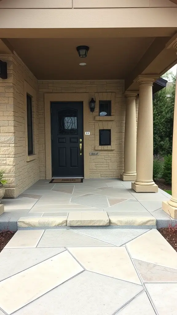 A porch with painted concrete designed to look like faux stone, featuring columns and a black door.