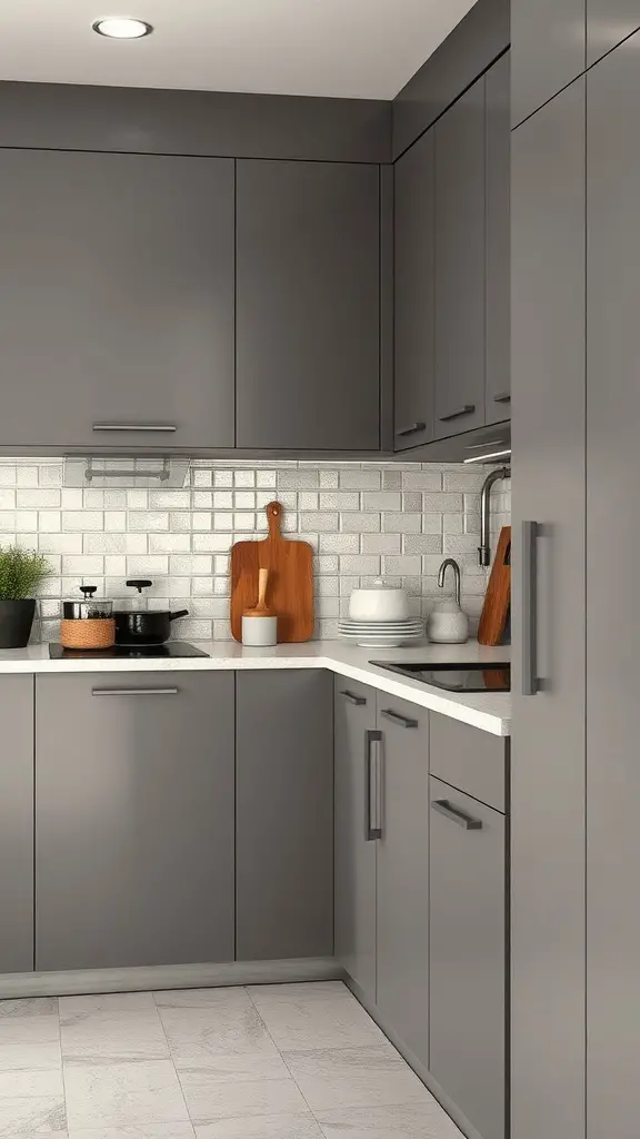 23 Stunning Modern Kitchen Ideas You Need to See 11 Modern kitchen with gray cabinets, glossy backsplash, and wooden accents.