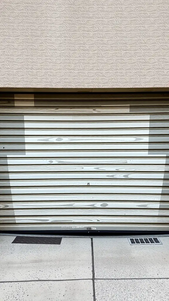 A garage door with a textured finish, showcasing a mix of smooth and ridged surfaces.