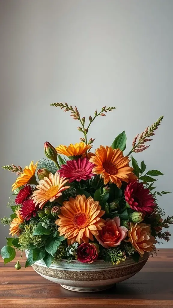 17 Stunning Flower Arrangement Ideas You’ll Love 15 A vibrant floral arrangement featuring orange and pink gerbera daisies, red roses, and lush green foliage in a decorative bowl.