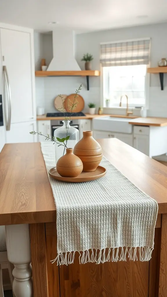 A textured linen runner on a wooden kitchen island with ceramic vases and greenery.