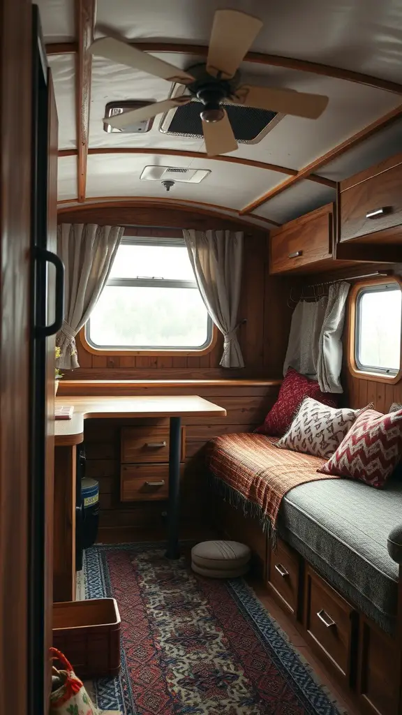 Interior of a small camper with wooden panels, cushions, and a patterned rug.