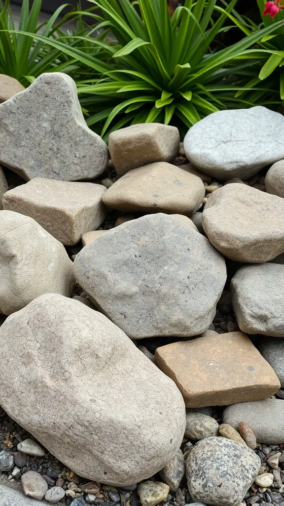 23 Creative Garden Rock Art Ideas to Brighten Your Outdoor Space 13 A variety of textured stones in different shapes and colors arranged in a garden setting