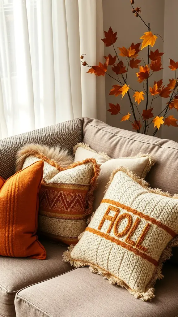 Cozy couch with textured throw pillows in fall colors