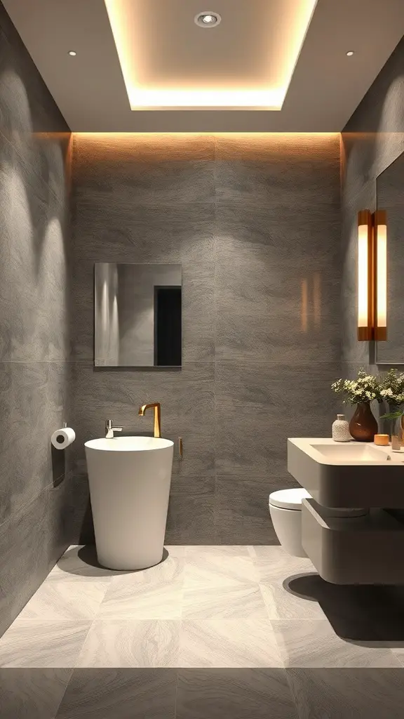 A luxurious bathroom with textured gray walls, modern fixtures, and warm lighting.