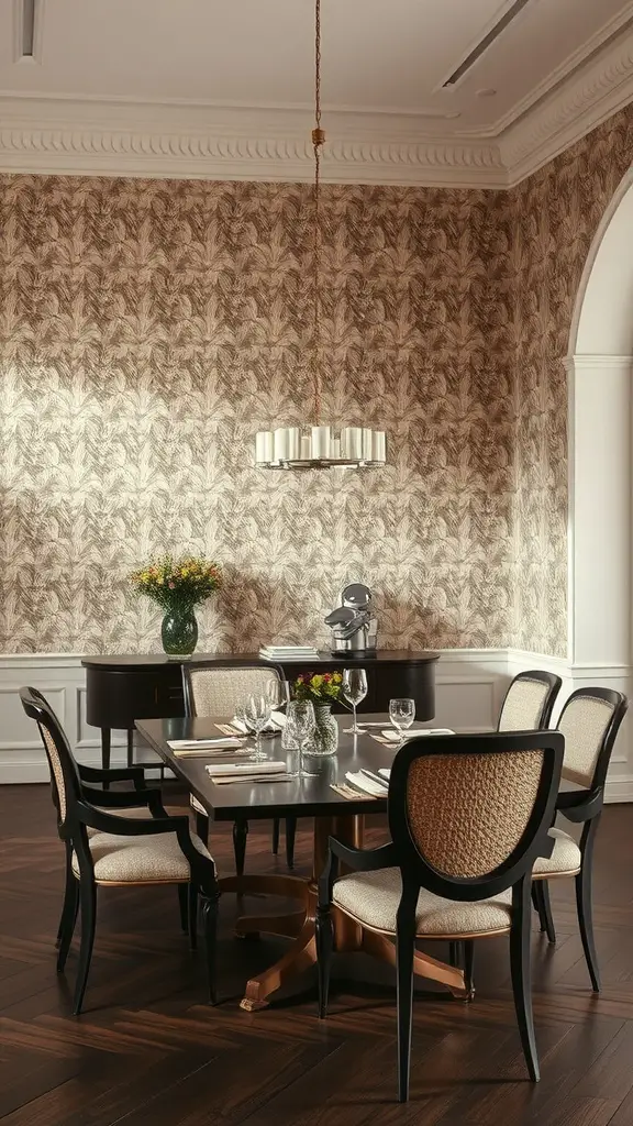 21 Stunning Dining Room Wall Decor Ideas to Transform Your Space 7 A stylish dining room with textured wallpaper and elegant furniture.