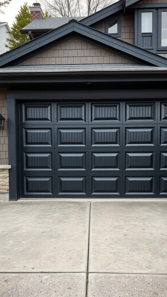 Black garage door with a textured wood finish.