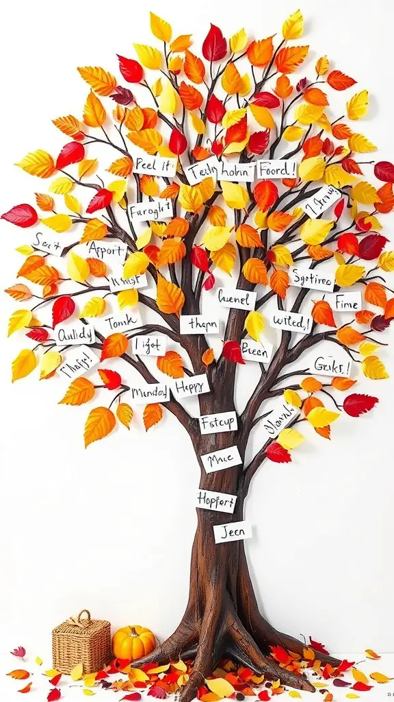 A decorative Thankful Tree with colorful autumn leaves, displaying handwritten notes of gratitude.