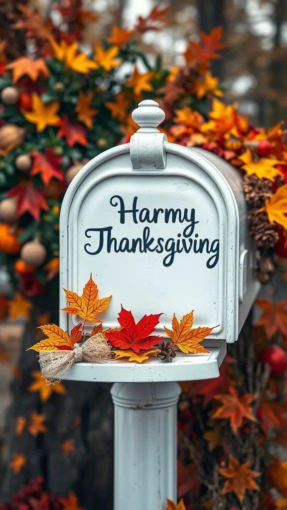 Decorated mailbox with autumn leaves and 'Harmy Thanksgiving' greeting.