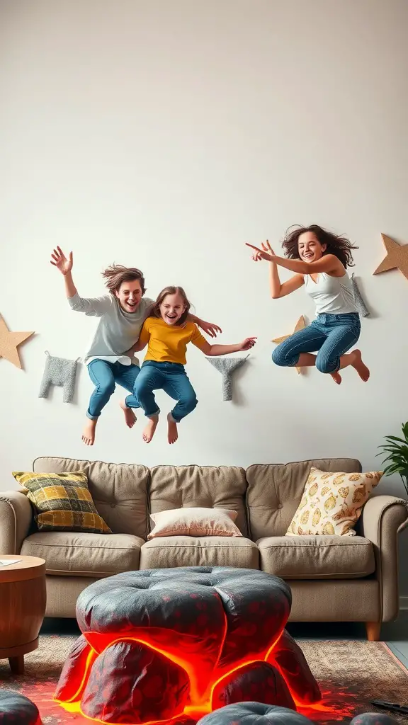 Three kids jumping above a couch in a lively living room while playing The Floor is Lava game.