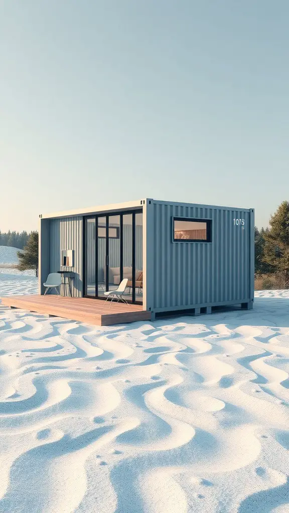 23 Innovative Storage Container Homes You Need to See 13 A modern container home set in a snowy landscape, featuring large windows and a wooden deck.