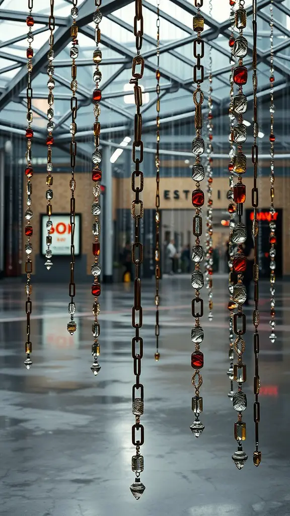 25 Creative Rain Chain Drainage Ideas for Your Home 14 A modern rain chain made of glass and metal, hanging in a contemporary space