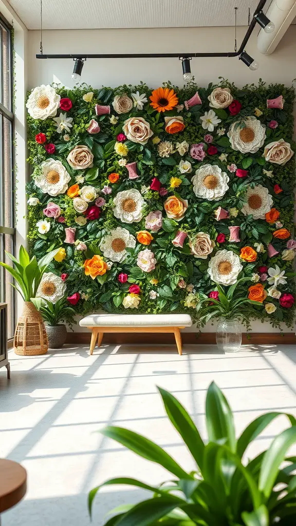 25 Stunning Floral Indoor Plant Wall Ideas for Your Home 14 A wall covered with various colorful artificial flowers and greenery in a well-lit indoor space.