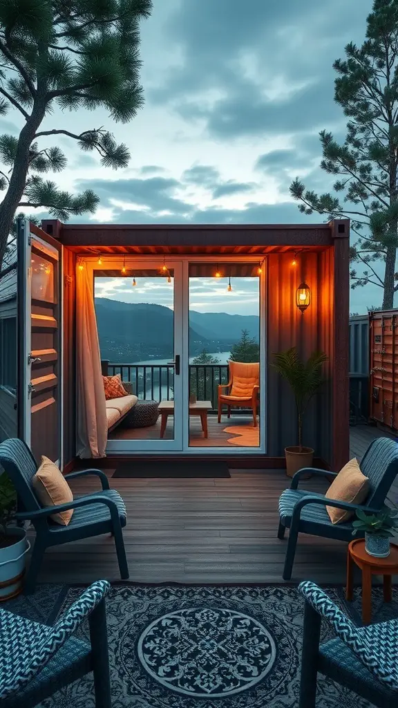 23 Innovative Storage Container Homes You Need to See 11 A cozy container home with warm lighting and a beautiful view, featuring outdoor seating and decor.