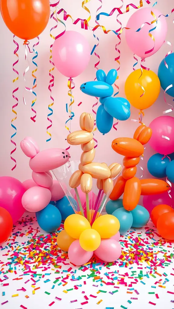 Colorful balloon animals and balloons creating a festive centerpiece