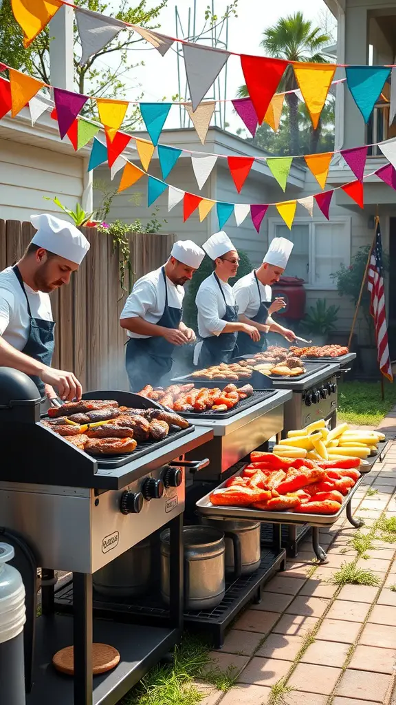 A backyard barbecue scene with chefs grilling various meats and vegetables, decorated with colorful banners.