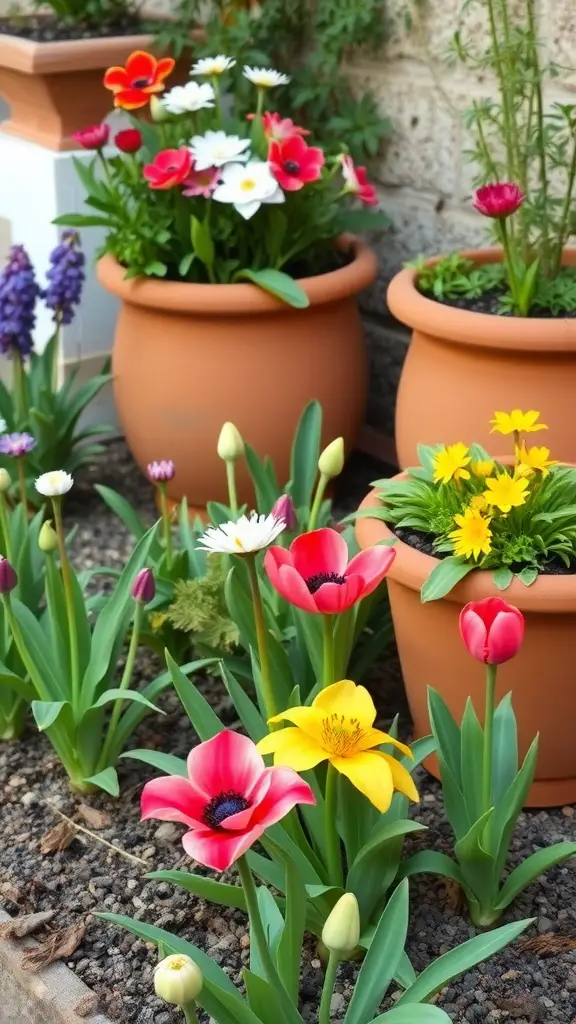 19 Stunning Floral Garden Ideas Featuring Beautiful Bulbs 4 Colorful flowers in terracotta pots resembling a Mediterranean garden.