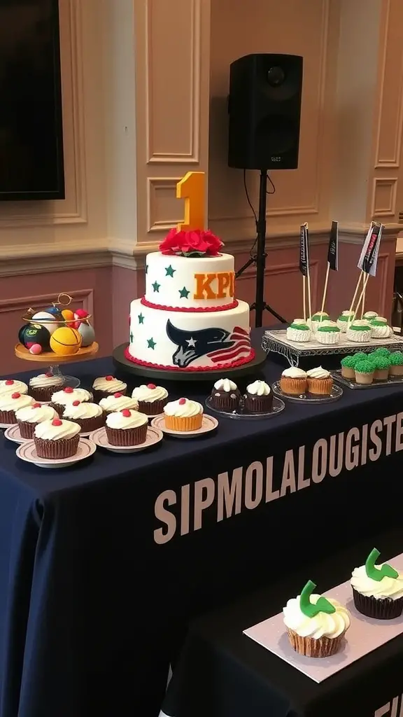 A themed cake and assorted desserts displayed on a table for a signing day celebration.