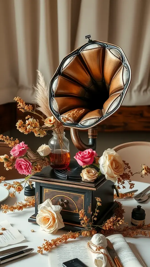 27 Stunning Wedding Round Table Centerpieces You Need to See 14 A vintage gramophone centerpiece adorned with roses and dried flowers on a wedding table.