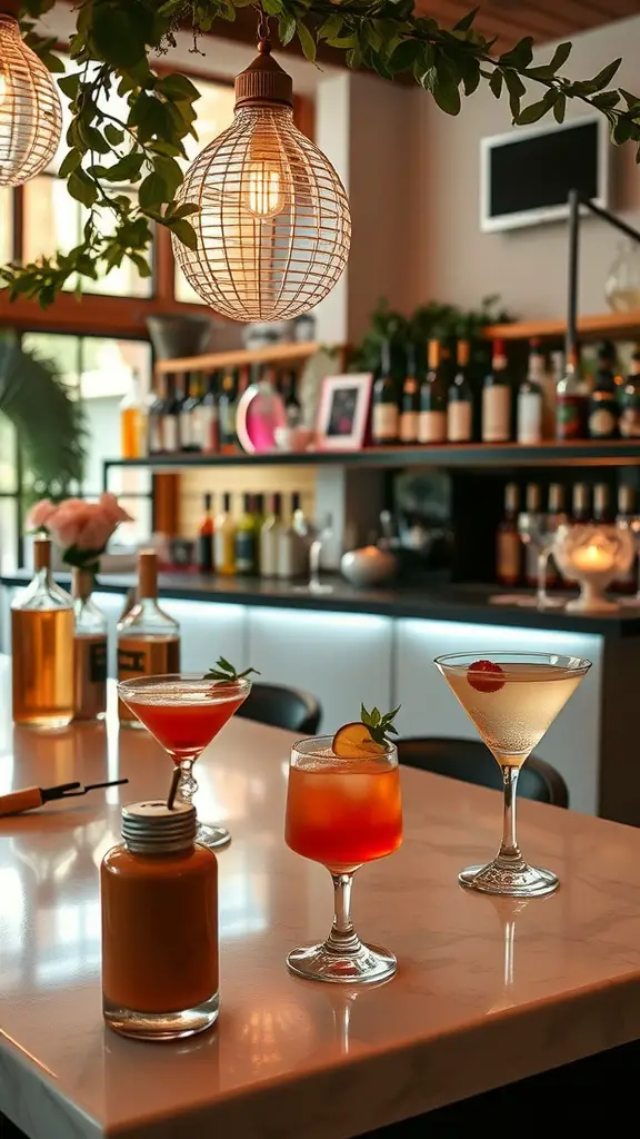 21 Stunning Indoor Wedding Ideas You've Got to See 16 A beautifully arranged themed cocktail bar with colorful drinks and stylish glassware.