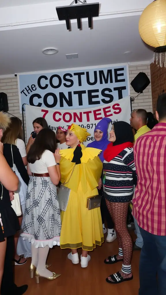 19 Fun Games for Adults to Enjoy at Your Next Gathering 16 A lively costume contest scene with participants showcasing diverse costumes at an event.