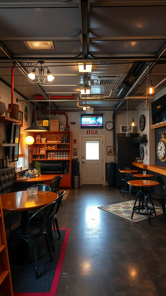 23 Stylish Garage Lounge Ideas You’ll Love 12 A stylish garage lounge featuring black chairs, wooden tables, and warm lighting.