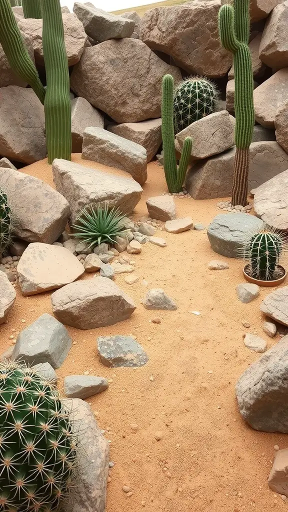 19 Inspiring Rock Garden Ideas for Your Outdoor Space 8 A rock garden featuring various cacti and large stones, creating a desert oasis theme.