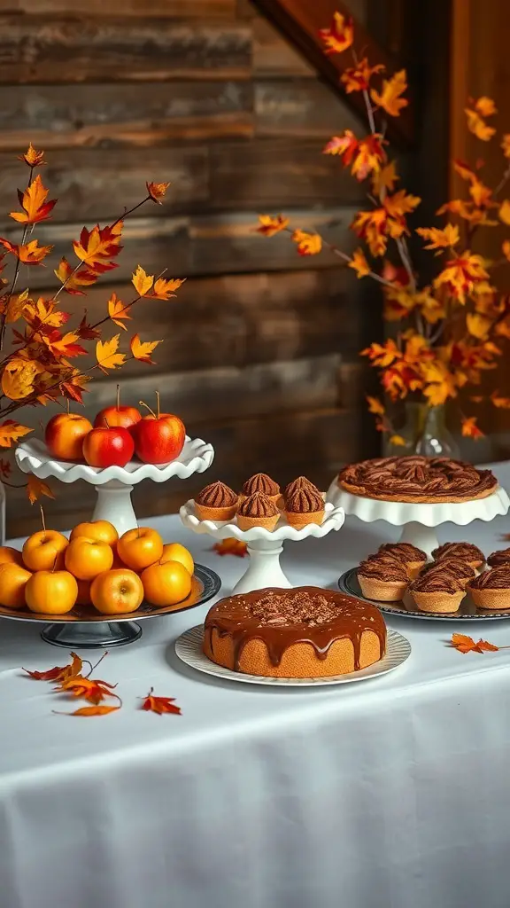 A themed desserts table featuring a variety of fall-inspired sweets, including a chocolate cake, pastries, and apples surrounded by autumn leaves.