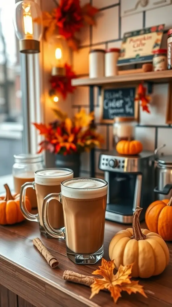 15 Adorable Ideas for a Pumpkin Baby Shower Theme 10 A cozy themed drinks station for a pumpkin baby shower featuring mugs of pumpkin spice lattes, mini pumpkins, and autumn leaves.