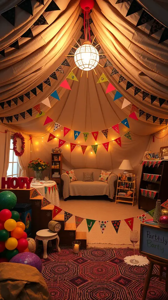 21 Creative Indoor Fort Ideas for Kids 15 A colorful themed fort party setup with bunting, a cozy couch, and decorative elements.