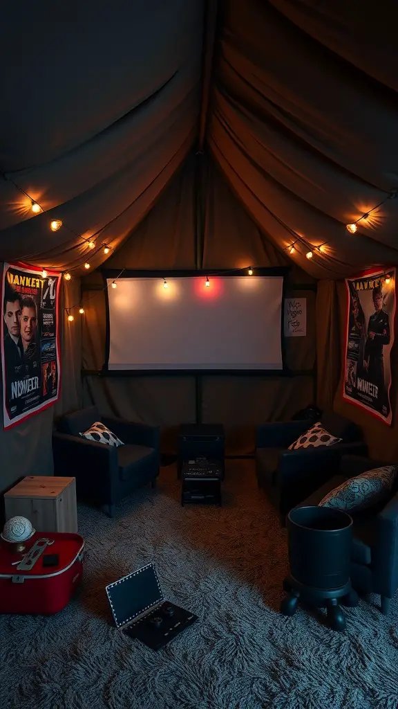 13 Creative Fort Ideas for Endless Indoor Fun 5 A cozy themed movie fort with lights, seating, and a projector screen.