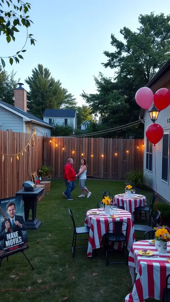 19 Creative Ideas for Epic Backyard Movie Nights 4 A cozy backyard with tables set for a movie night, a couple dancing, string lights, and a movie poster.