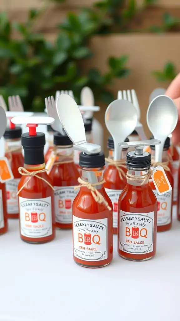 25 Creative Baby Q Shower Ideas to Celebrate Your Little One 14 Mini bottles of BBQ sauce labeled as party favors with forks and spoons beside them.