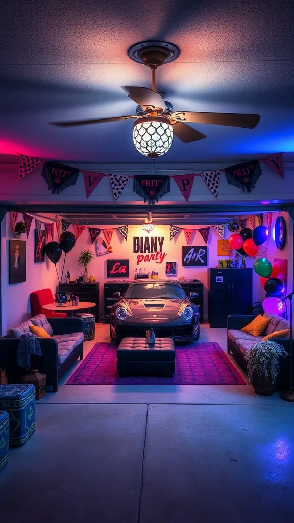 27 Creative Garage Hangout Ideas for Ultimate Chill Time 17 A colorful garage party setup featuring a car, decorations, and cozy seating.