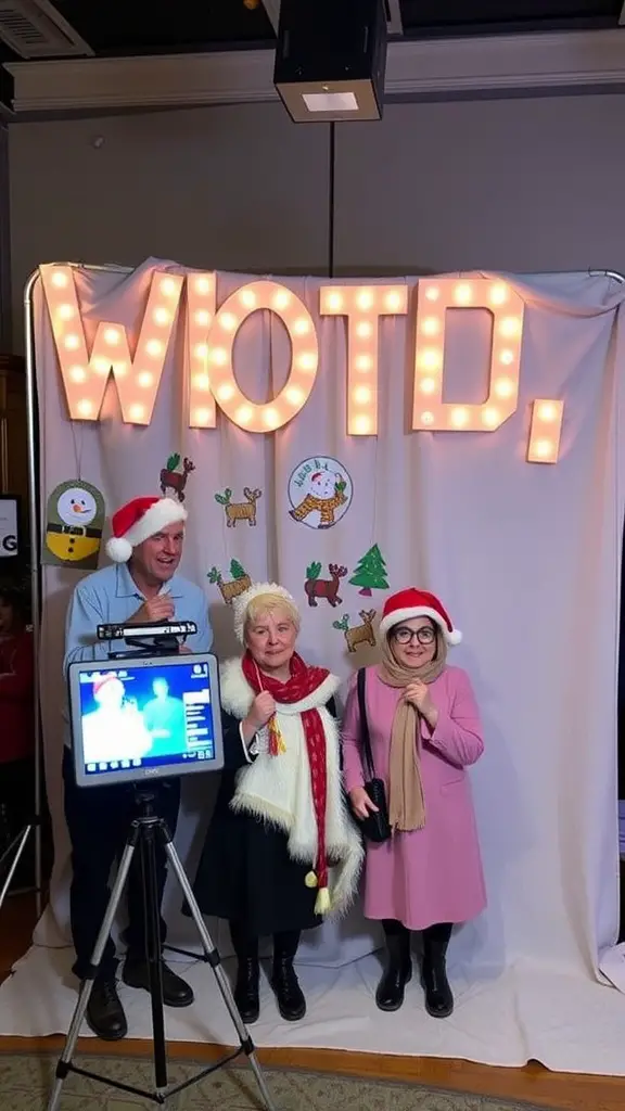 29 Creative Baby Shower Ideas for November Celebrations 4 A festive photo booth setup with three guests in holiday attire posing for a picture.
