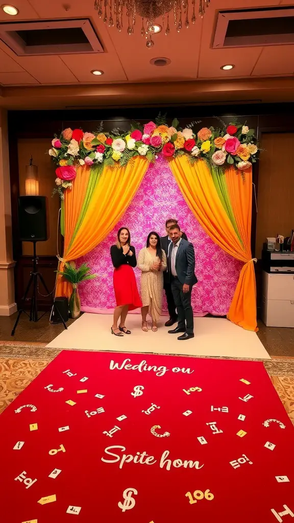 21 Stunning Indoor Wedding Ideas You've Got to See 2 A colorful wedding photo booth backdrop with floral decorations and a red carpet